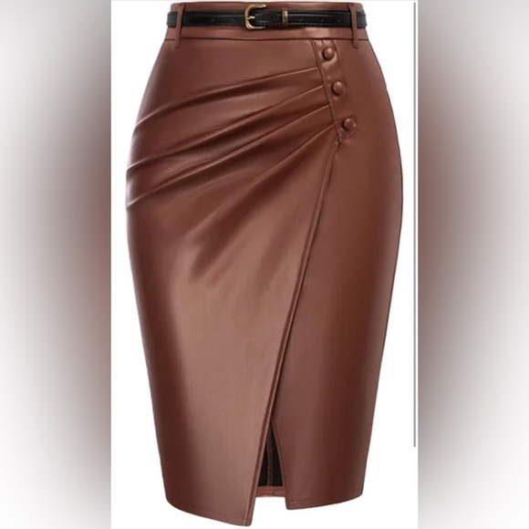 Belle Poque Dresses & Skirts - Women’s Brown Faux Leather Midi Pencil Skirt with Front Slit